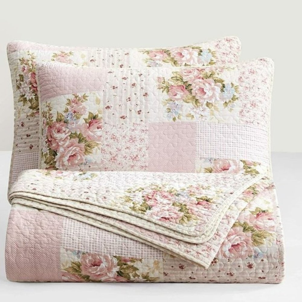 ⚽️🥅⚽️Pre-Washed Cotton Quilt Set - Rosy Pink Chic Floral Bedding Coverlet